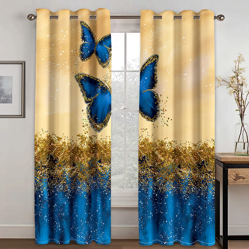 Blue Butterfly Gold Background Print Curtains 2 Panels Modern Art Vivid Butterfly Curtains Living Room Bedroom Balcony Decor