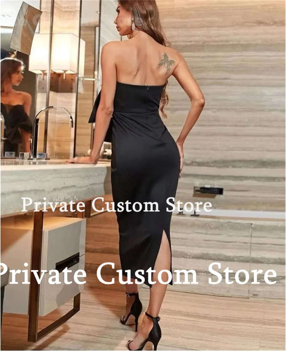 New Black Ankle-Length Formal Evening Dress Sweethear Neck Strapless Plain Satin With Bow Homecoming Dress 2024 Party Dresses