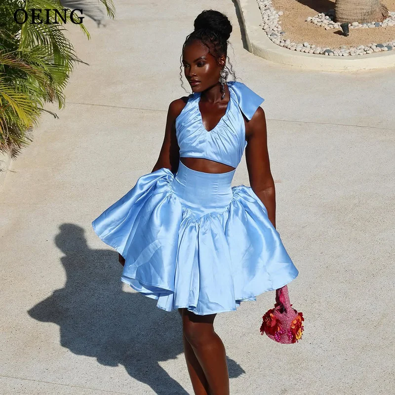 OEING Simple A-Line Blue Prom Dresses Halter Cut-out Draped Ruffle Sleeveless Party Dresses Short Cocktail Dress Customized