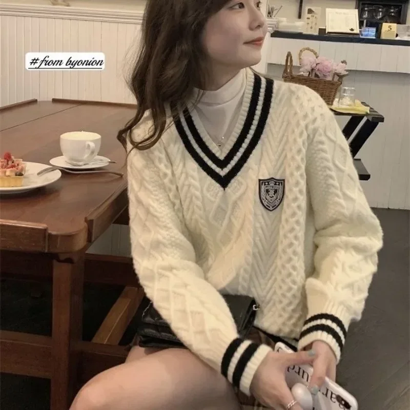 Kimotimo Preppy Style Twist Sweater Women V Neck Patch Striped Long Sleeve Pullover Autumn Winter Thick Sweet Loose Knitted Tops