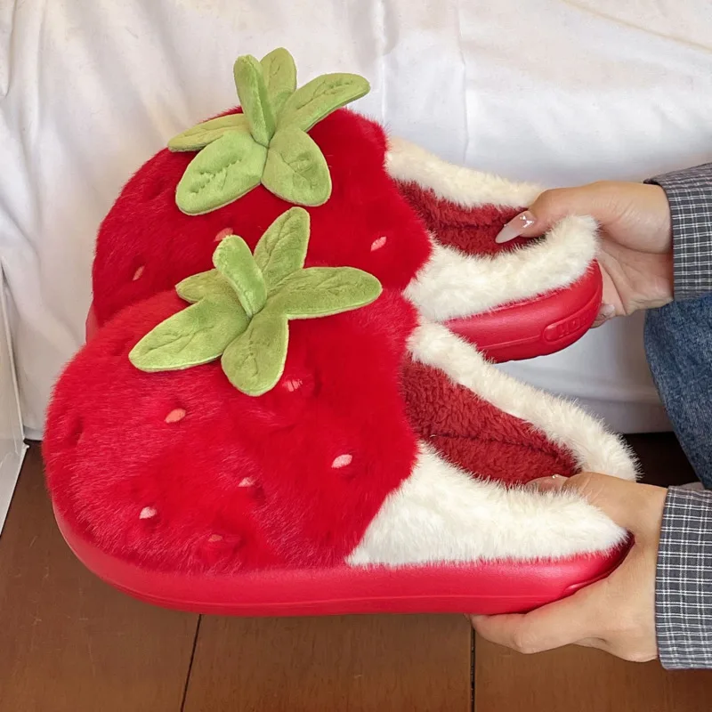 딸기 모양 면 슬리퍼 여성용 Y2K 귀여운 플러시 따뜻한 실내화 미끄럼 방지 두꺼운 밑창 겨울 과일 슬리퍼 편안한 홈웨어 신상품