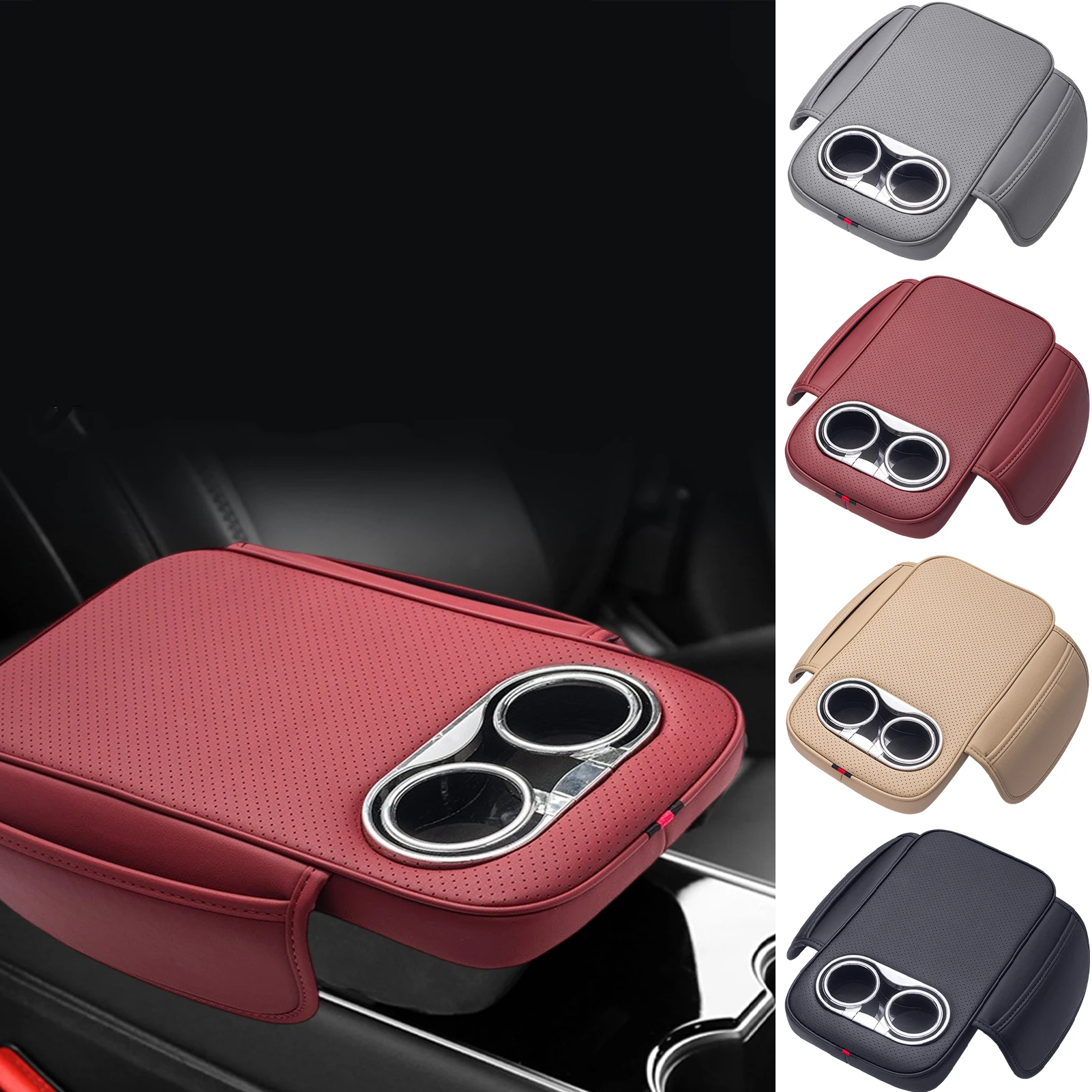 Car Armrest Cushion With 2 Cup Holder And Side Pocket PU Leather Auto Center Console Arm Rest Heighten Pads Car Arm Rest Cover