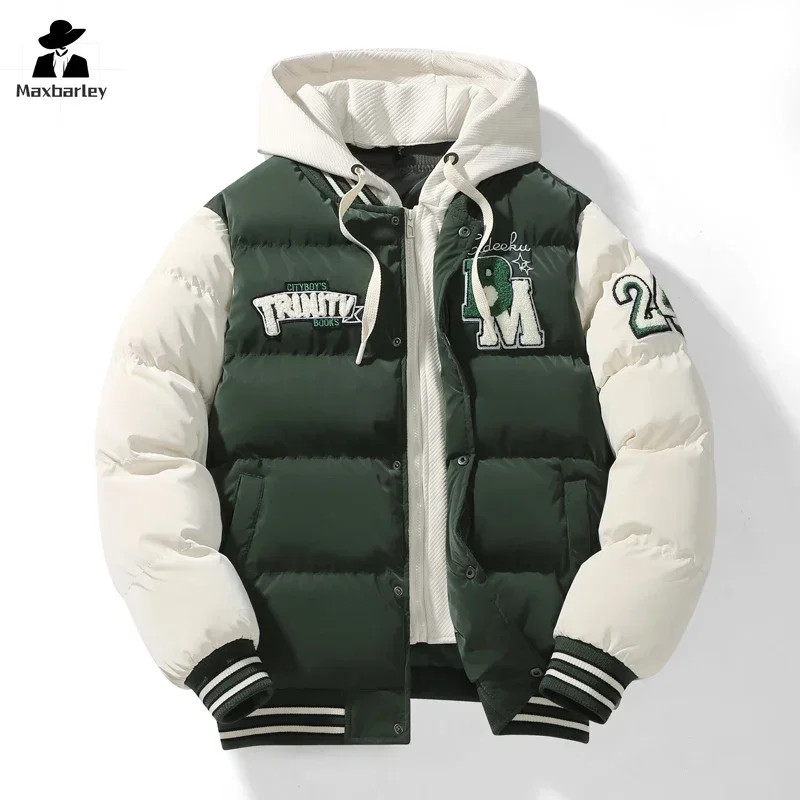 2024 inverno jaqueta com capuz masculino na moda casual destacável falso 2 peça parka unisex harajuku estudante grosso quente para baixo casaco de algodão