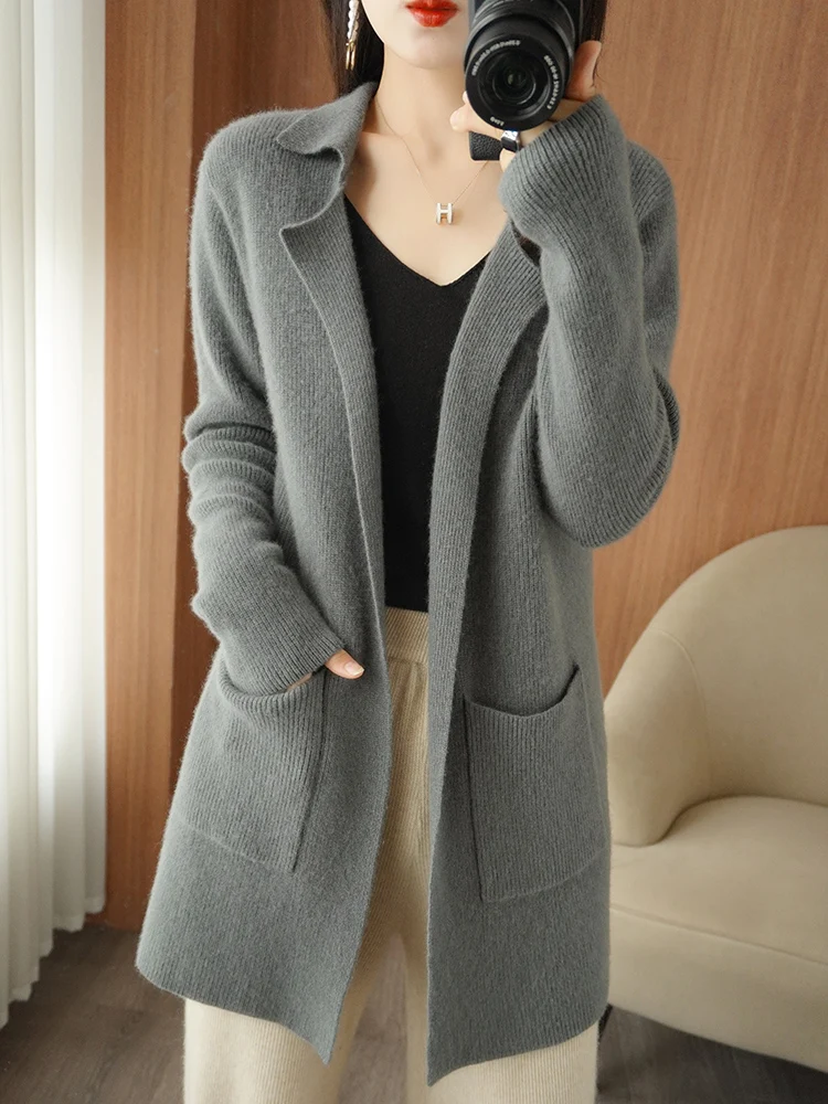 Cashmere Sweater Ladies Lapel Cardigan Spring and Autumn New Buttonless Jacket Casual Knitted Loose Korean Fashion Pure Wool Top