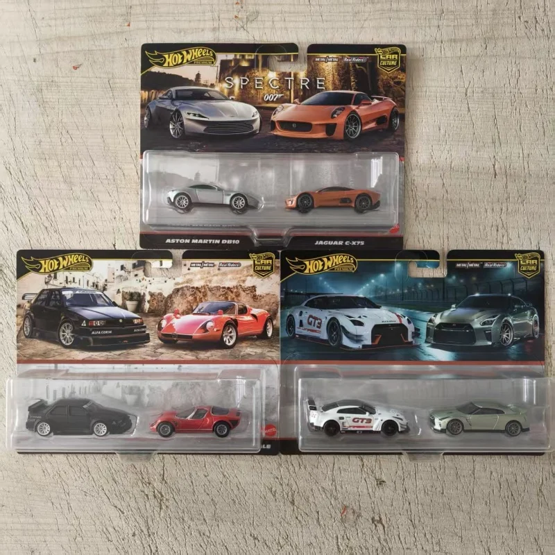 Hot Wheels-Juego de coche doble de cultura, Nissan GTR Alpha Jaguar, parte inferior de hierro, neumático de goma, coche de aleación, colección de regalos HBL96
