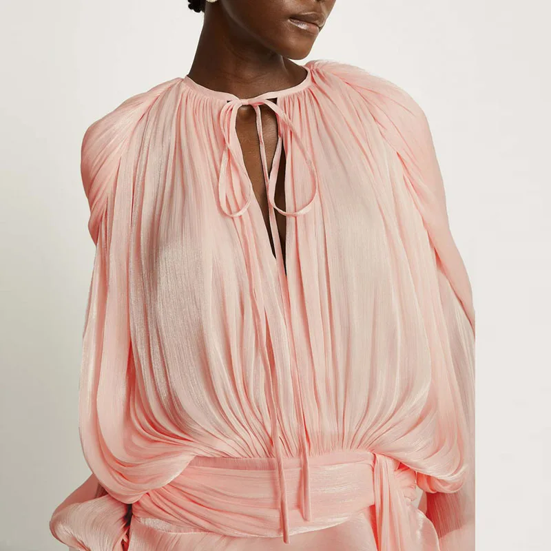 Abiti da donna alla moda 2025 Primavera O Collo con lacci Abiti da festa eleganti in raso Francese Autunno Manica a sbuffo Increspature Mini abito a pieghe