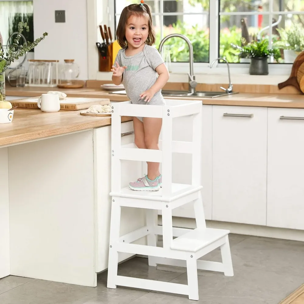 Escabeau de cuisine pour enfants avec rail de sécurité, construction en bois massif, tabouret d'apprentissage pour tout-petits, blanc