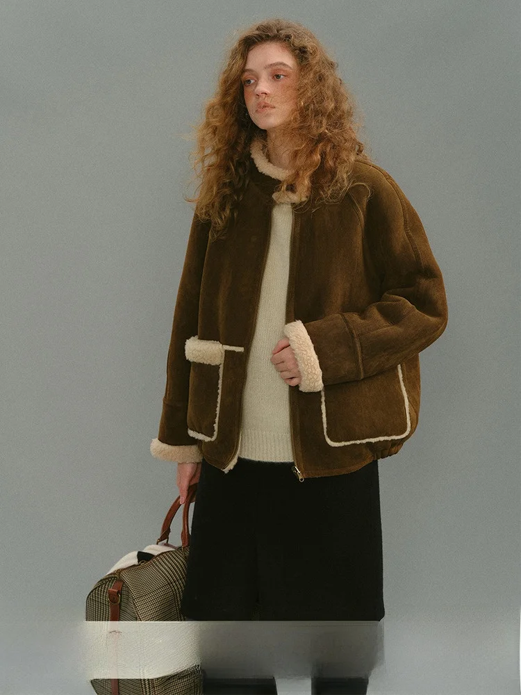 

Ladies Thiened Lamb Fur Jaet Two-Sided Wear Suede Warm Versatile Top eepskin Coat Long Sve Zipper Closure Daily Wear