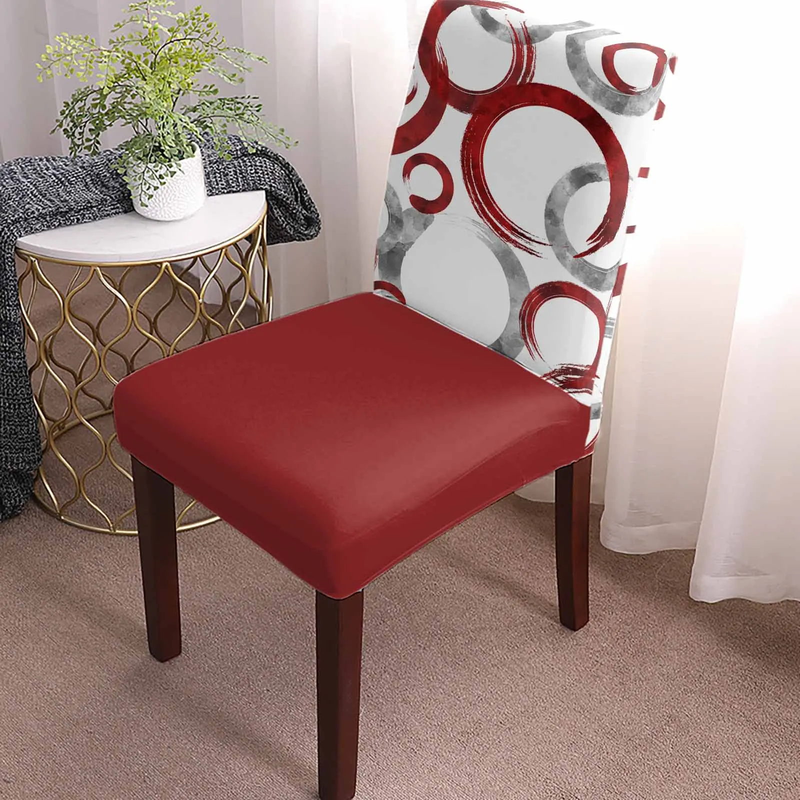 Geometric Paint Circles Red Chair Cover Set Kitchen Stretch Spandex Seat Slipcover Home Decor Dining Room Seat Cover