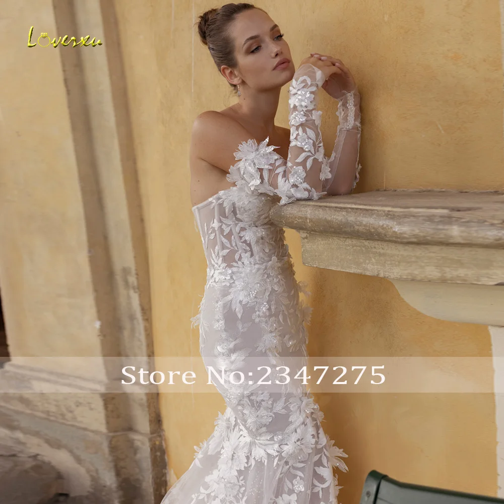 Loverxu Mermaid Graceful Wedding Dresses 2024 Strapless Long Sleeve Vestido De Novia Beading Appliques 3D Flowers Robe De Mariee