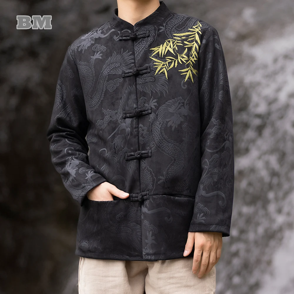 

Chinese Style Bamboo Leaf Embroidery Vintage Coat For Men Clothing Spring Autumn Plus Size Tai Chi Kung Fu Jacket Male Tops