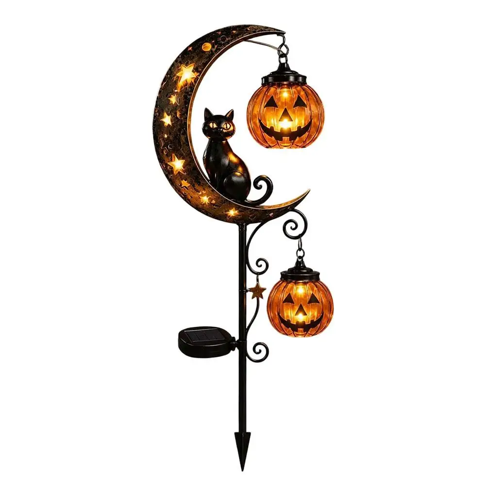 Halloween Schwarze Katze & Kürbis-Mond Gartenleuchte, Gartenlampe Dekoration, Outdoor Wasserdichte Metall-Kürbis-Pfahl-Deko – Detail 3