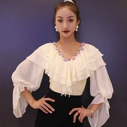 Ballrrom 댄스 탑 여성 노란색 프릴 바디 슈트 왈츠 댄스웨어 퍼포먼스 의류 룸바 라틴 댄스 연습 의류 L12127
