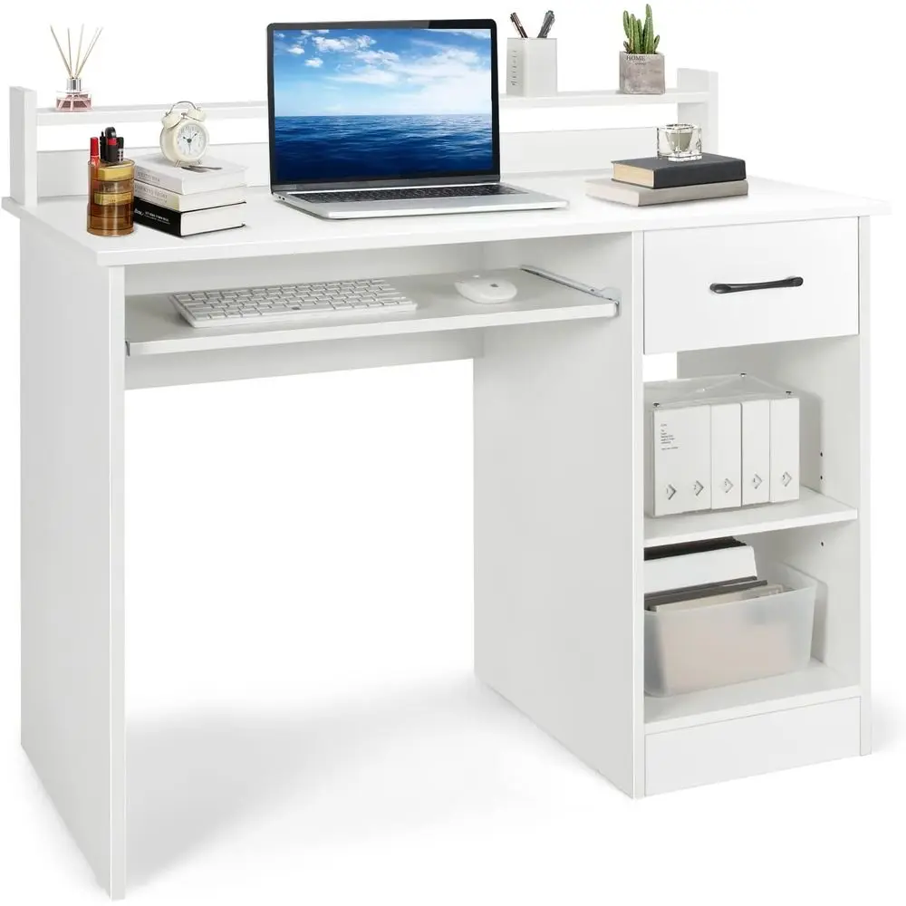 

White Wooden Home Office Desk with Hutch, Adjustable Shelves, and Keyboard Tray for Study and Laptop Use