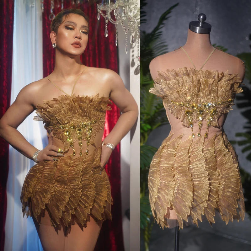 Robe Sexy à col licou et strass pour femmes, sans manches, dos doré, tenue de soirée, danse pôle, Costumes de Festival, 4902 94