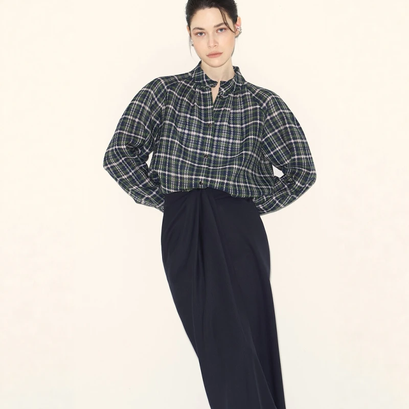 

Рубашка свободного кроя в стиле ретро с длинными рукавами и воротником-стойкой, элегантная клетчатая женская модная одежда, весенняя одежда в корейском стиле 6914