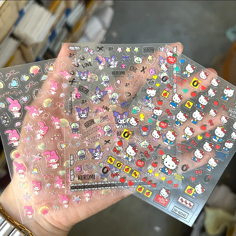 

1sheet Hello Kitty/Kuromi/Melody Kids Nail Stickers Kawaii Pink Cartoon Nail Decals Self-Adhesive Cute Girls Manicure Decoration