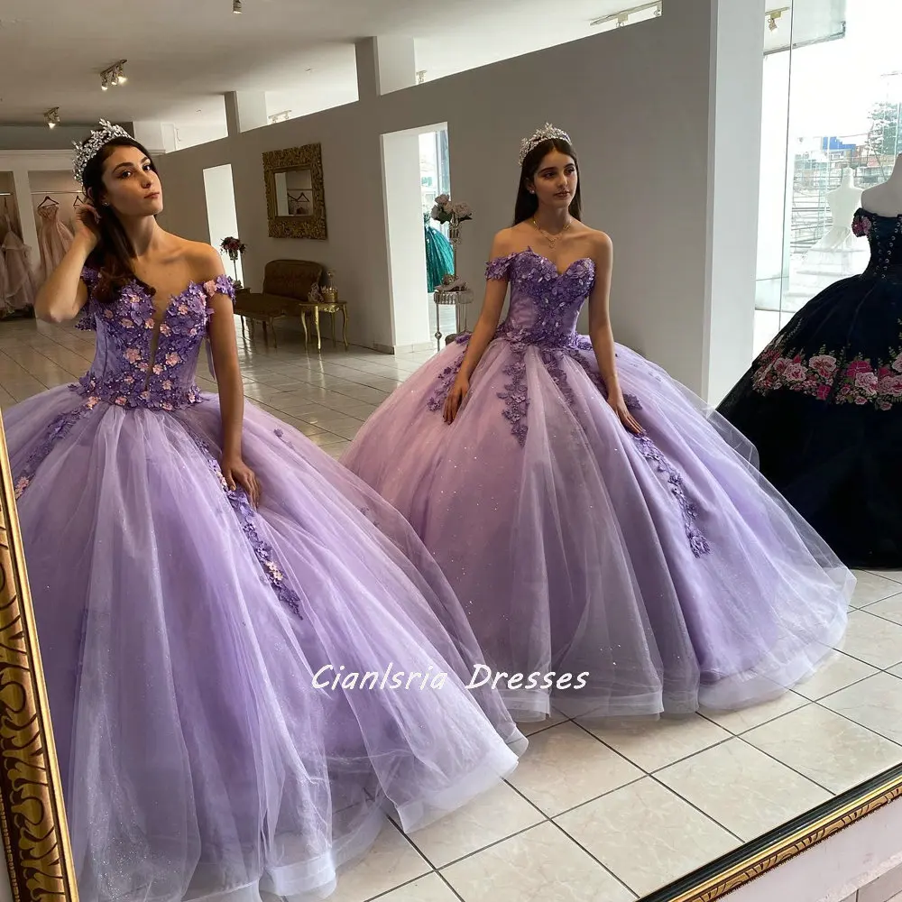 Lavender Floral Appliques Lace Quinceanera Dresses Ball Gown With Pink Flowers Off The Shoulder Corset For Sweet 15 Girls Party