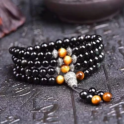 Men Women Beaded Bracelet Natural Rainbow Eye Black Obsidian Tibetan Silver Charm Bracelet Yellow Tiger Stone Jewelry