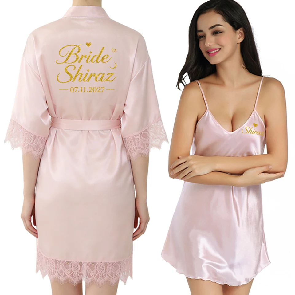 Personalized Bride 2‑Pcs Satin Robe Set Custom Name Date Lace Bridal Dressing Gown Camisole Nightgown Wedding Morning Robe Bache