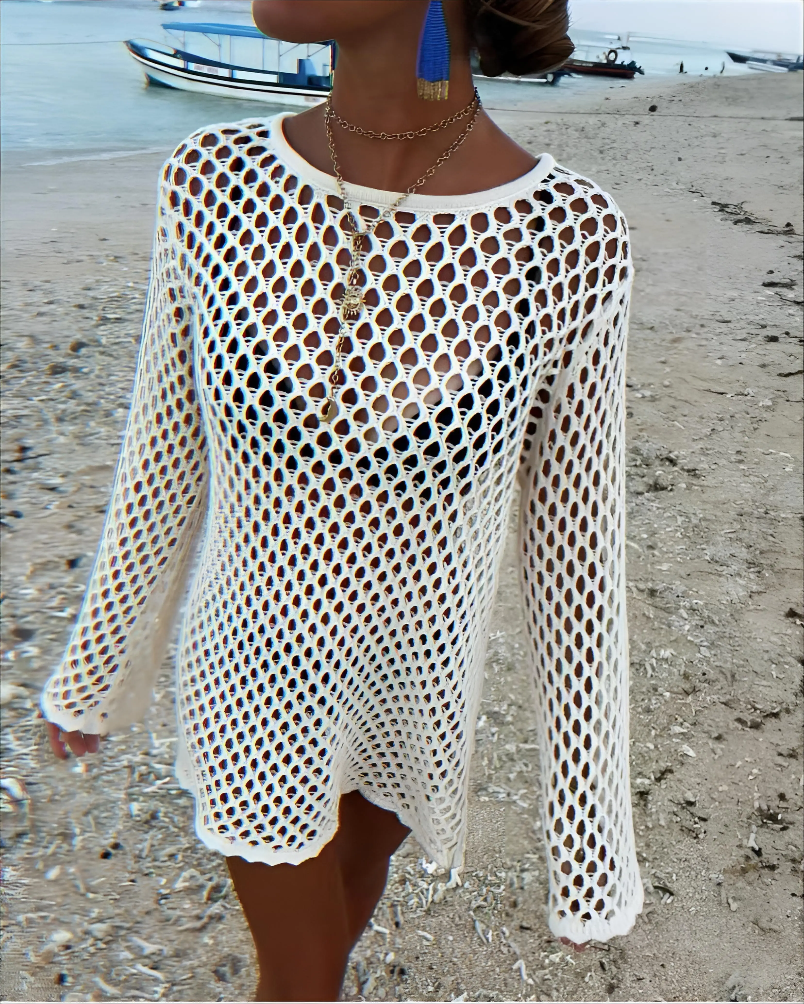 ชุดคลุมชายหาดผู้หญิง ลายหนังงู ป้องกันการโป๊ แขนหลวม สไตล์ฮิปปี้ ผ้าทอ ทรงเข้ารูป