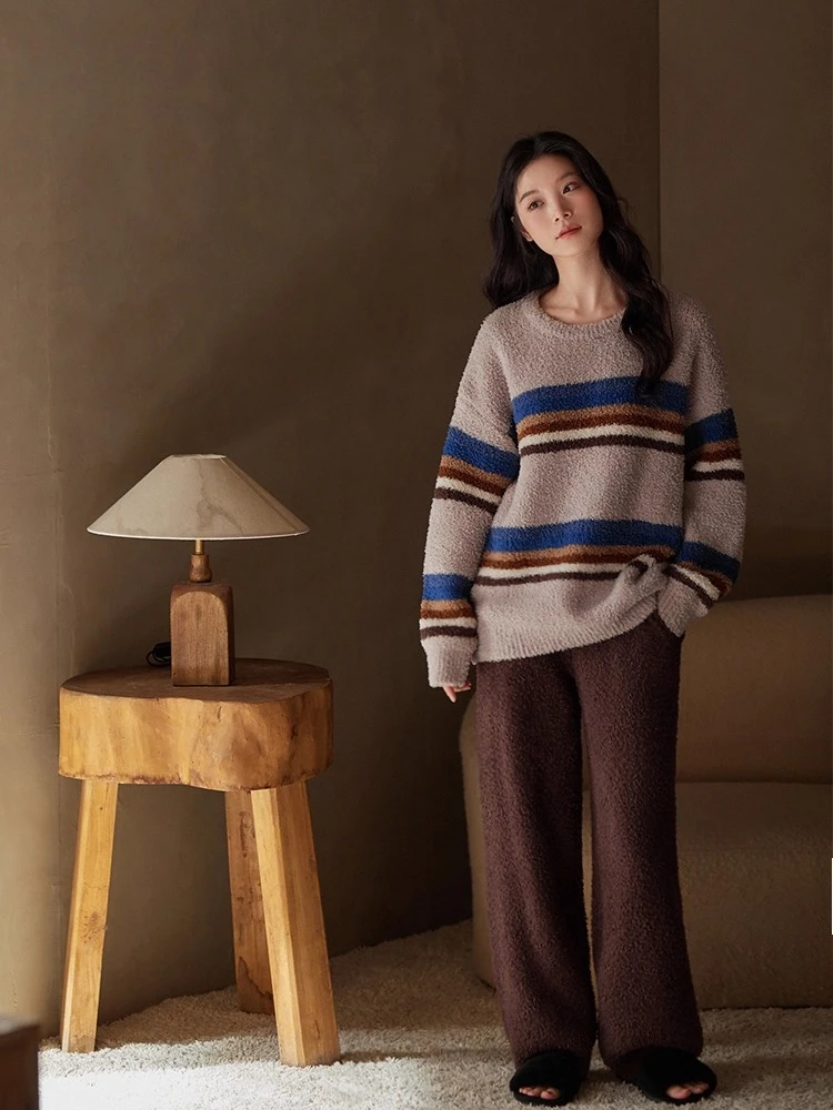 

Новая осенне-зимняя женская домашняя одежда, модный и простой толстый теплый комплект одежды для сна с круглым вырезом