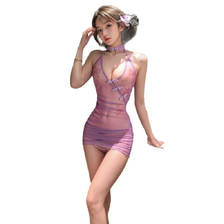 حجم كبير الأرجواني مثير شيونغسام مجموعة الملابس الداخلية إغراء الزي 2025 جديد وصول فليرتي منامة للنساء