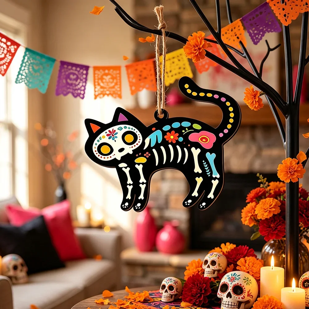 10.6x12cm Wooden Cat Hanging Ornament Sugar Skull Day Of Dead Halloween Garden Yard Party Home Wall Door Pendant Decor