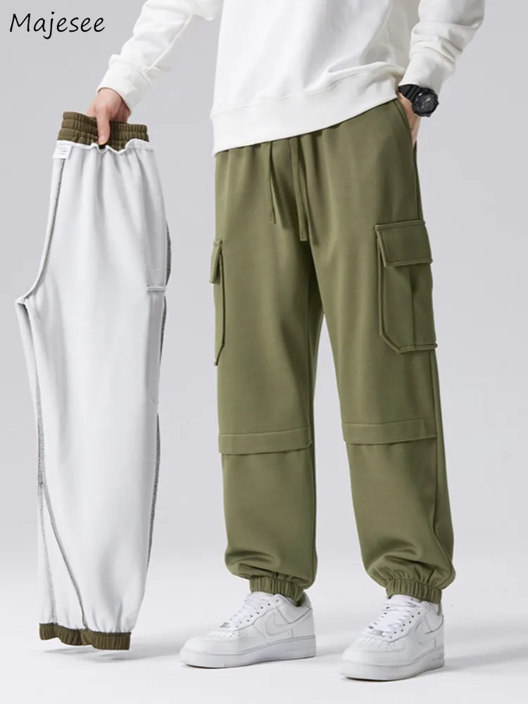 

Casual Pants Men Plus Velvet Thicker Autumn Winter Drawstring Straight Pockets Cargo Loose Mid Waist Chic Fashion Students Daily