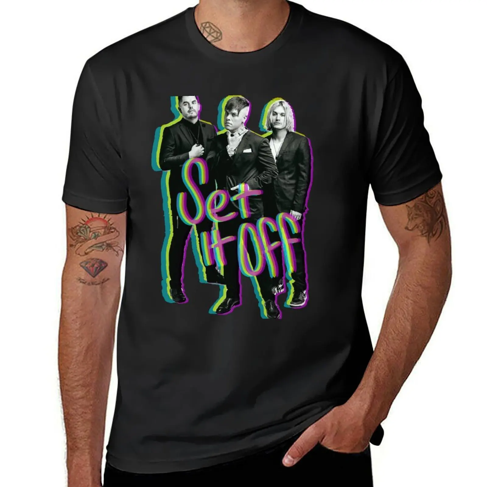 

Set it off band group photo GLITCH effect with text T-Shirt summer top summer tops Men's t-shirts