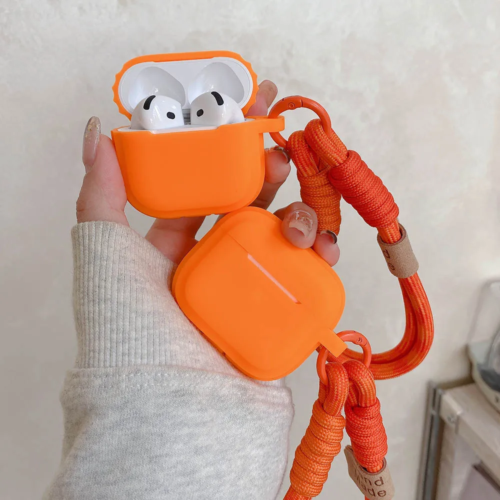 Orange Color Soft Silicone Earphone Case For Airpods Pro 3 With Bracelet Fall Prevention Couple For Airpods 4 3 2 1 Pro 2 Cover