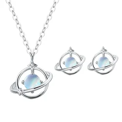 Stylish and Unique S925 Sterling Silver Necklace Earrings Moonstone Saturn Set Engagement Jewelry Gift for Women