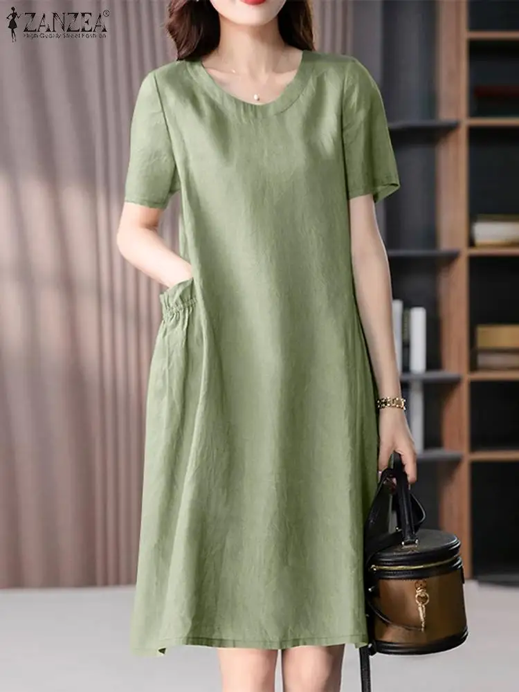 Summer Fashion Short Sleeve Solid Dress ZANZEA Women Casual Baggy Vestidos O Neck Knee Length Robe Femme Work Party Sundress