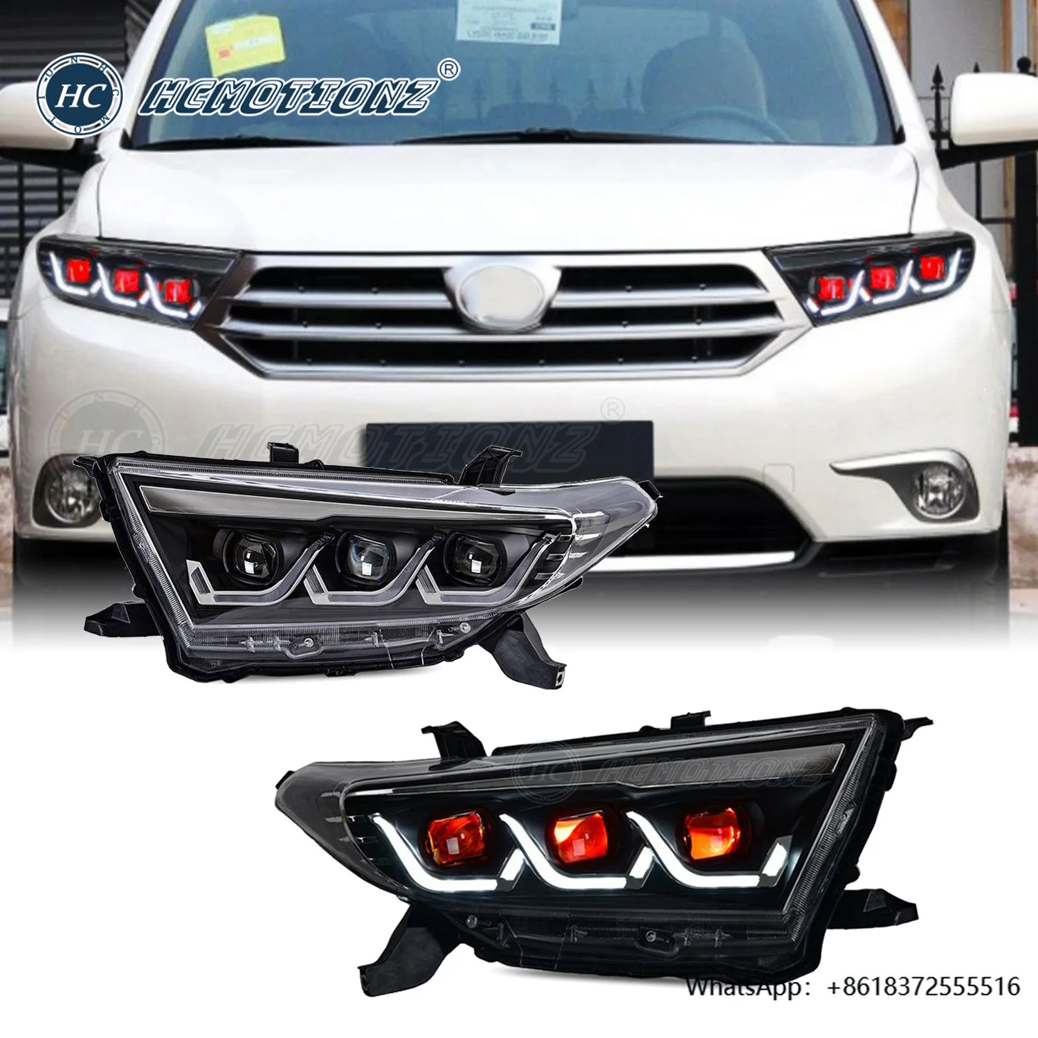 

daHCMOTIONZ Full LED Car Front Lamps with Red Demon Eyes 2011 2012 2013 Head Lights for Toyota Highlander