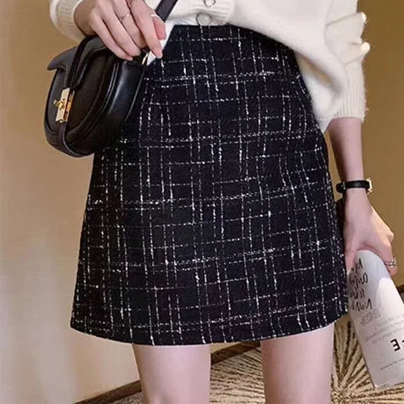 

Glittery Tweed Skirt for Women High Waist with Gold Thread Pencil Mini Skirt Ladies Autumn Winter