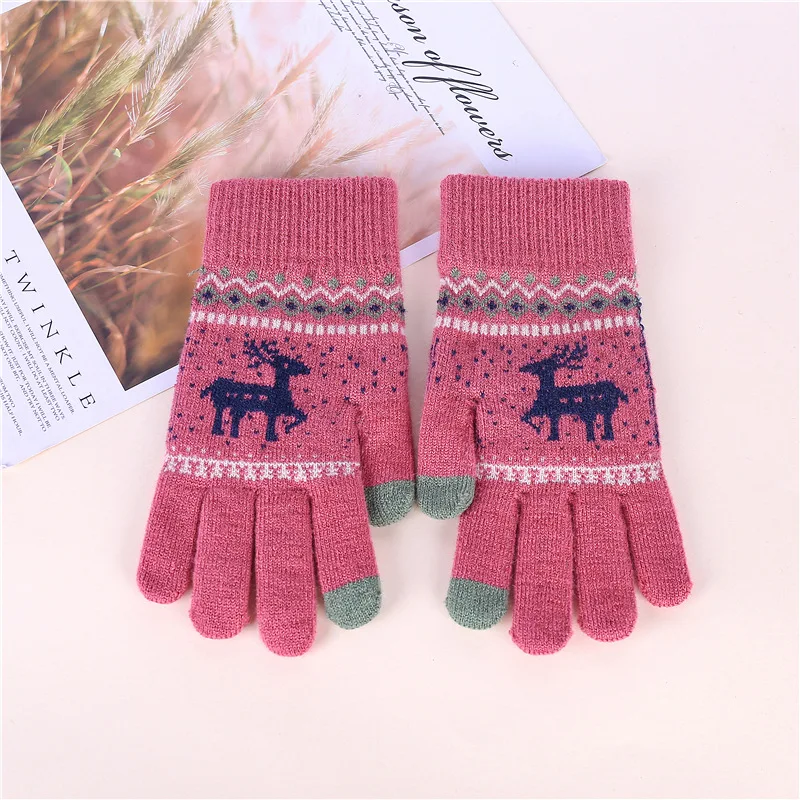 

Warm Men and Women's Deer Jacquard Full Finger Touch Screen Gloves, Knitted Five Finger Women's Couple Plush Gloves