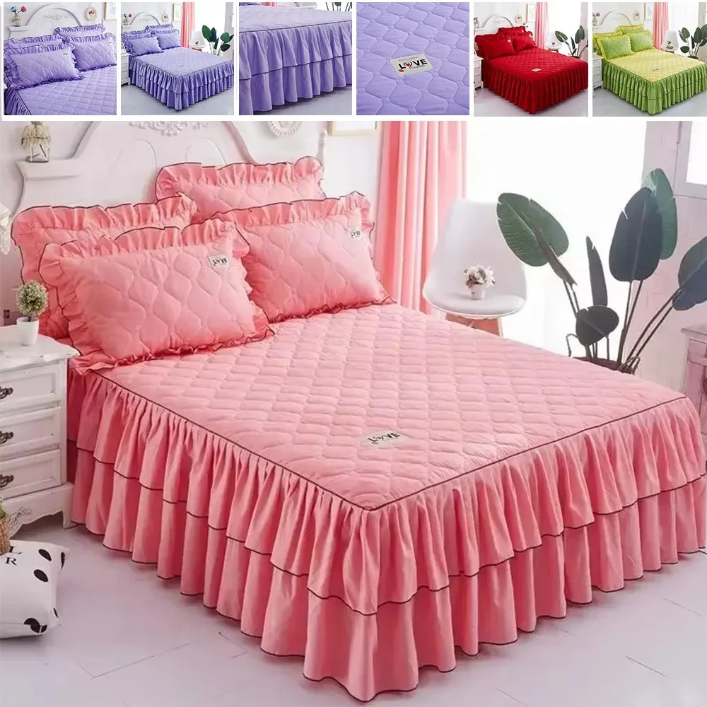 

3pcs Solid Color Bed Skirt Thickened Cotton Clip Warm and Comfortable Three Piece Set with Pillowcase Included Home 침대 스커트 3종 세트