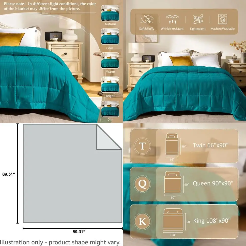 

Легкое одеяло Queen Size с альтернативным наполнителем (имитация пуха), с атласной отделкой, бирюзового цвета, 90x90 дюймов, можно стирать в машине.