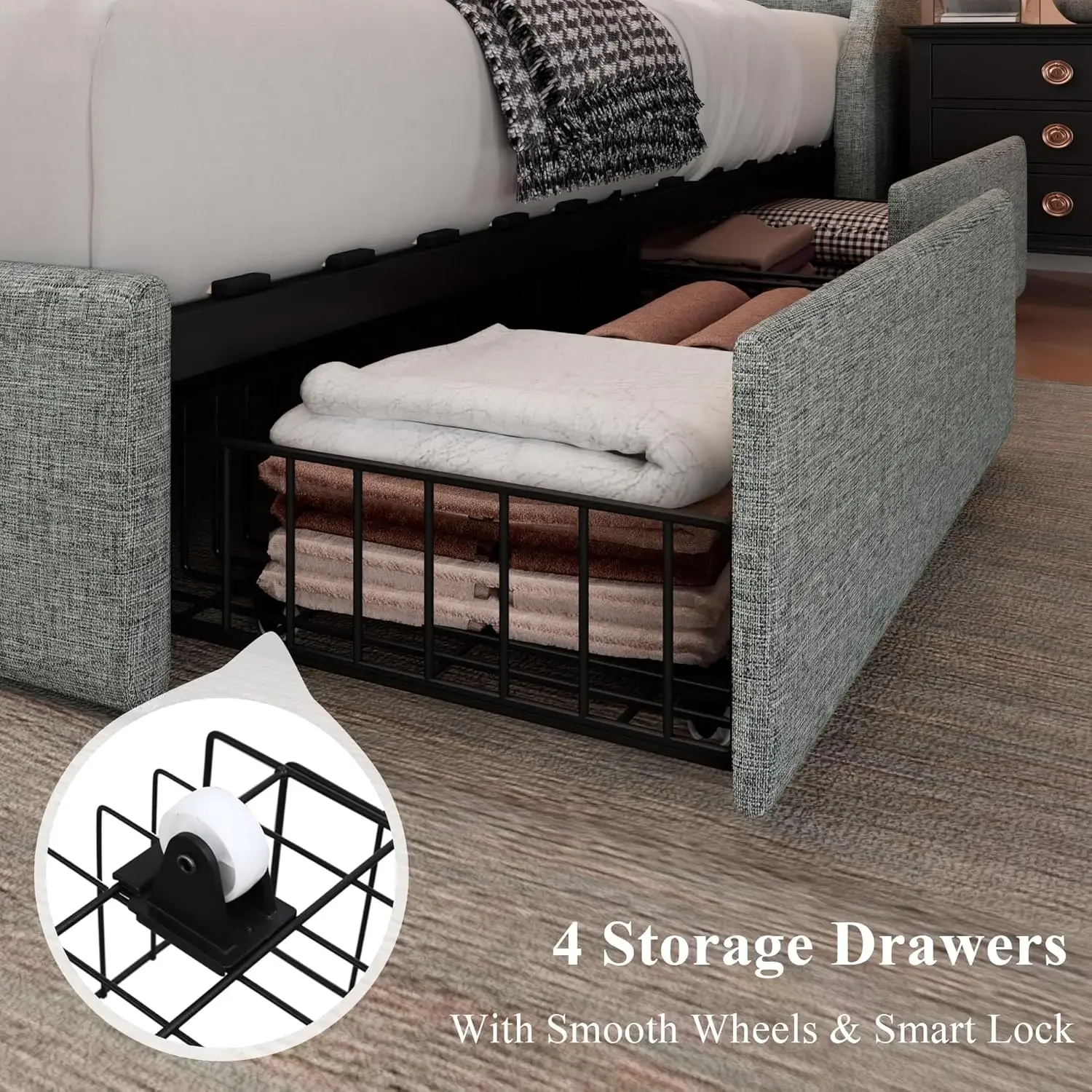 Queen Size Bed Frame with 4 Storage Drawers, Upholstered Storage Bed with Charging Station, Tufted Wingback Storage Headboard