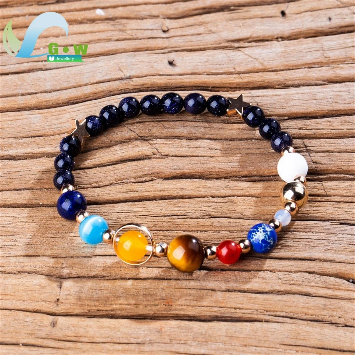 Handmade Universal Galaxy Guardian Star Eight Planets Blue Sandstone Bracelets Solar System Reiki Jewelry Gift for Women or Men