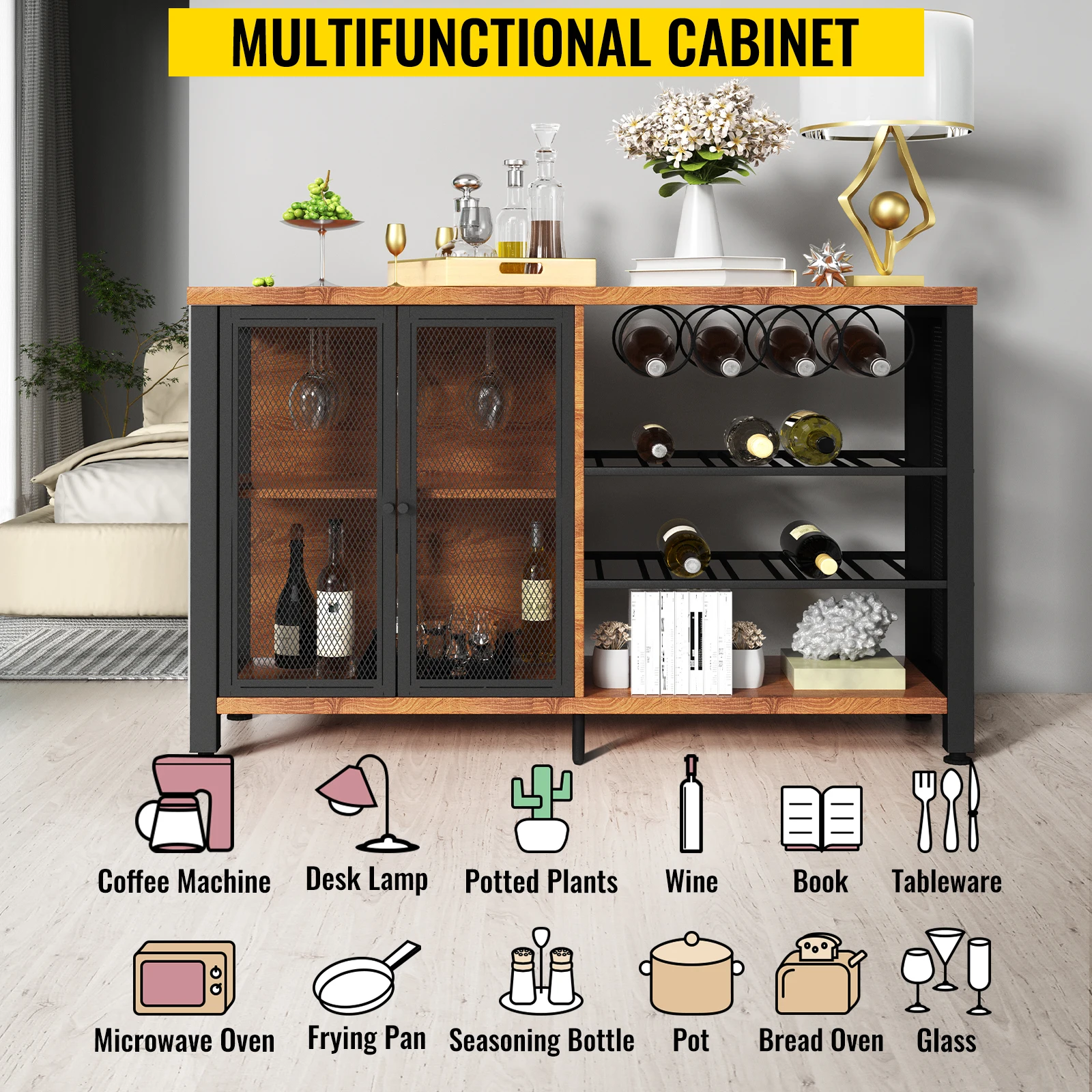 VEVOR Industrial Bar Cabinet Wine Bar Cabinet Table with Wine Rack & Glass Holder for Dining Living Room 47/55 Inch Rustic Oak