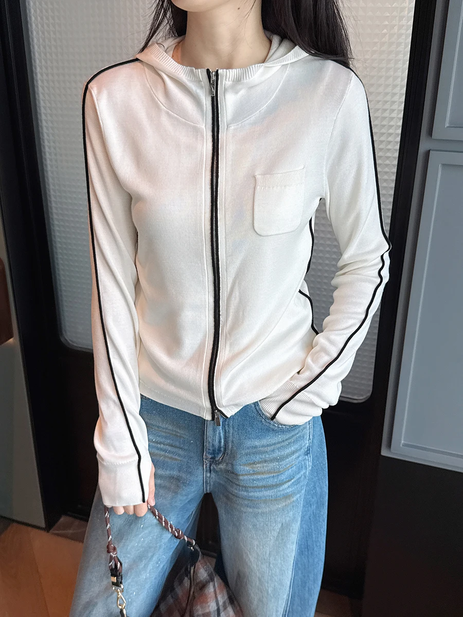 

Ele Snow Series Silk Wool Blend Slim Fit Zipper Hooded Open Cardigan Bla White Color Blo Soft Long Sve Knitted Swe...