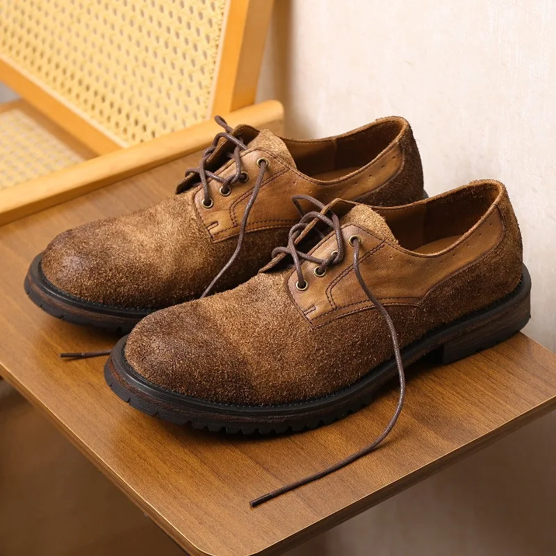 New Formal Cowhide Suede Derby Shoes Men Genuine Leather Lace Up Thick Sole Work Vintage Casual Wedding Leather Shoes Male