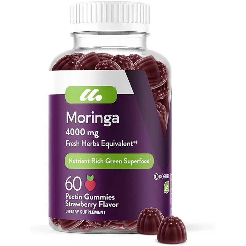 Moringa leaf extract gummies - Chewing green superfood - Vegetarians, gelatin free - Strawberry flavored gummies