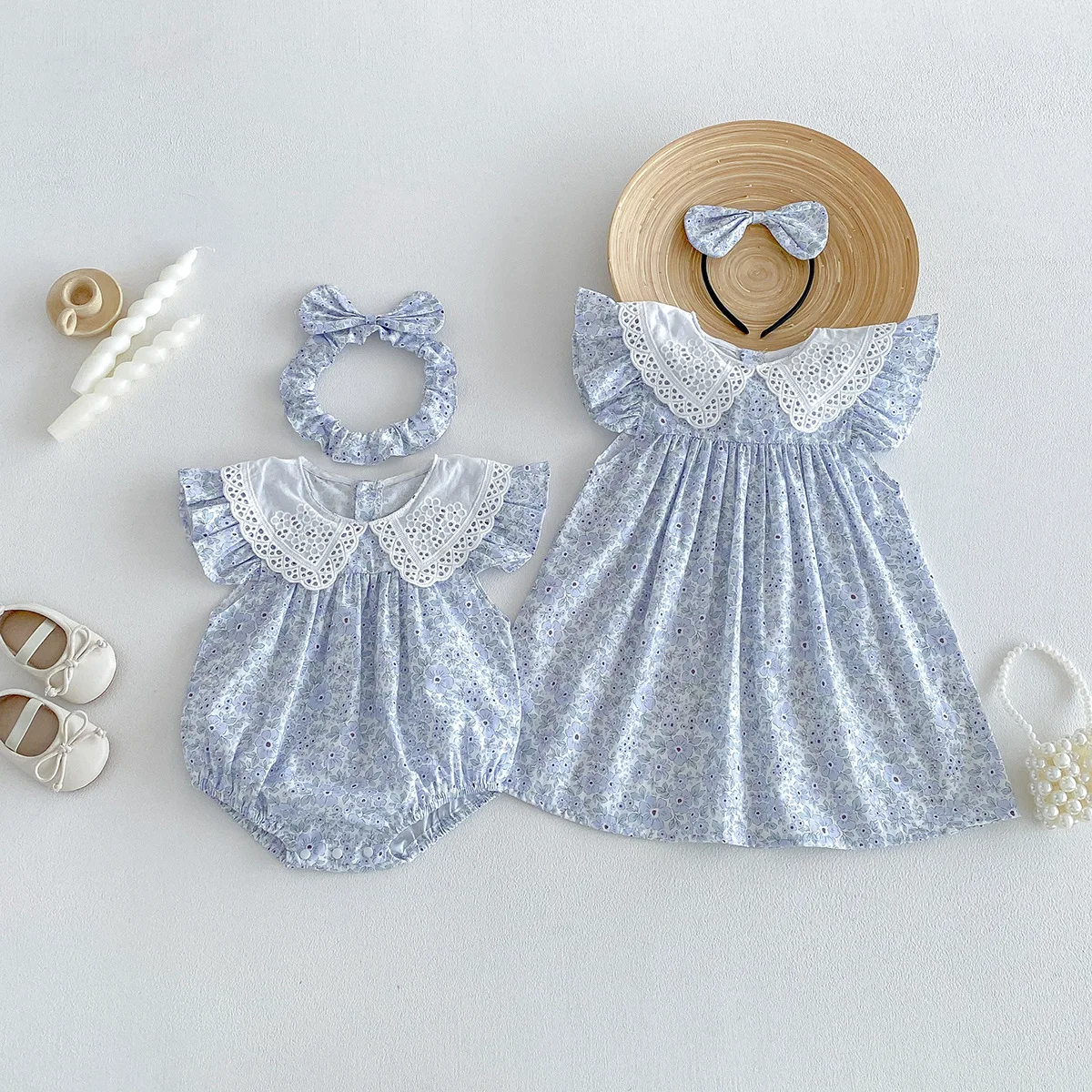 ZOETOPKID Sommer Baby Mädchen Kleidung Blumenmuster Kurzarm-Strampler Baby Bodysuit Puppenkragen Jumpsuit Spitzen-Blütenblatt-Kragen Outfit – Detail 4
