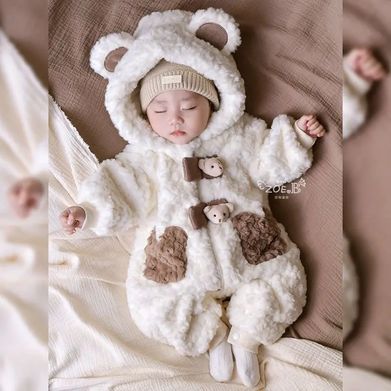 2026 Winter Baby Girls Boys Cute Cartoon Bear Soft Warm Fleece Hooded Rompers Infant Kids Long Sleeve Overalls Jumpsuit