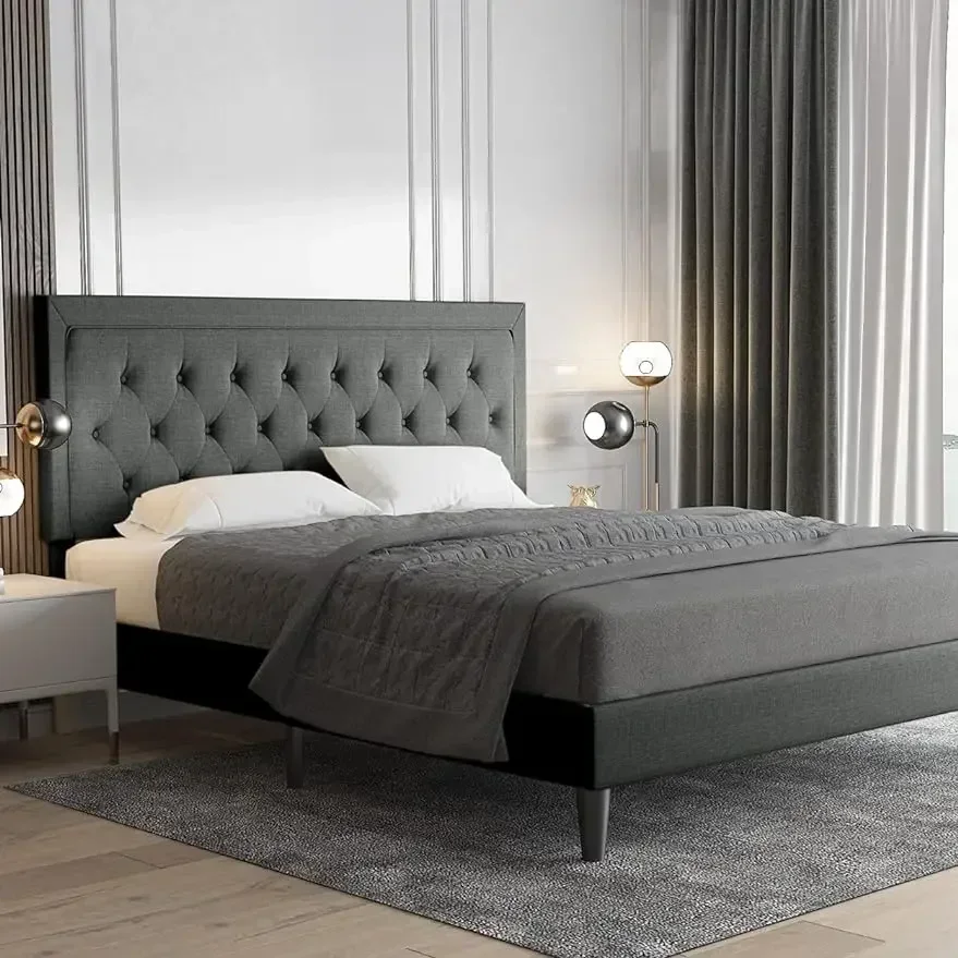 Allewie King Size Platform Bed Frame/Fabric Upholstered Bed Frame with Diamond Button Tufted Headboard/Adjustable