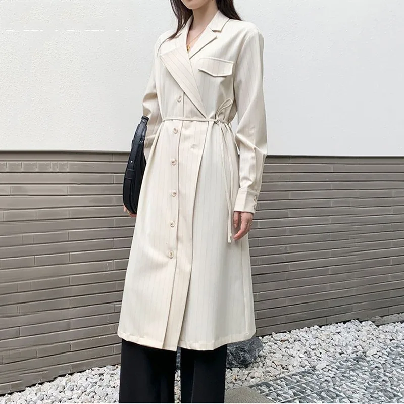 French Style Temperament Retro Design Lace-up Coat Autumn New Tailored Collar Long Striped Figure Flattering Trench