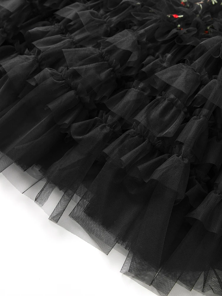 DSFACAIRIJ Women's Vintage Floral Embroidery Maxi Dress Stand Collar Lantern Sleeve Ruffles Appliques Mesh Autumn Female