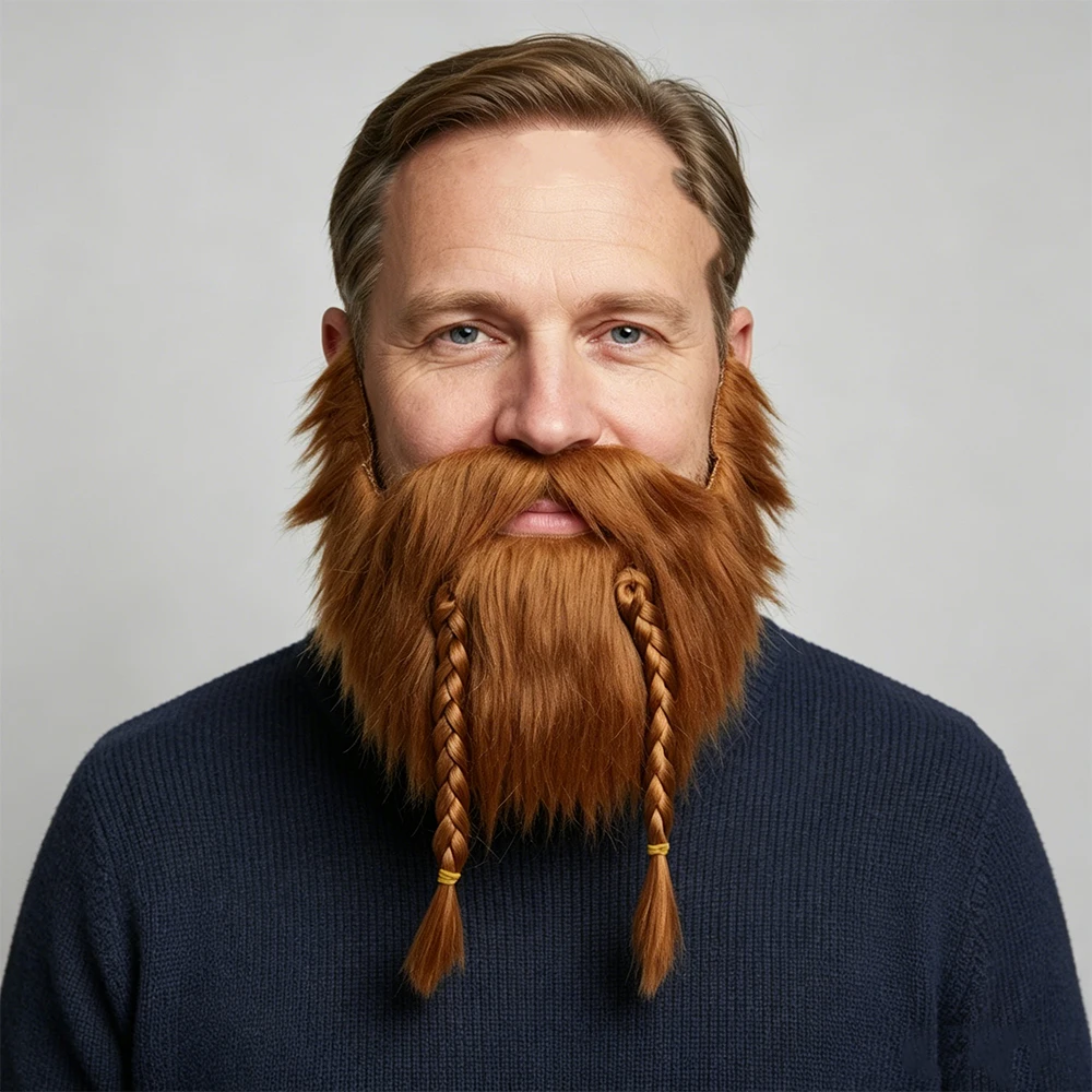 

4pcs Viking Warrior Fake Beard & Mustache with 2 Braids - Norse Dwarf Costume Prop for Men Halloween Masquerade